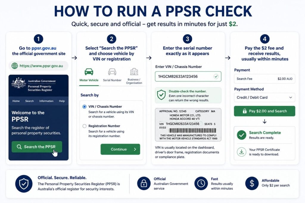Step-by-step infographic showing how to run a PPSR check online, including visiting the official PPSR website, searching by VIN, paying the $2 fee, and downloading the official certificate.