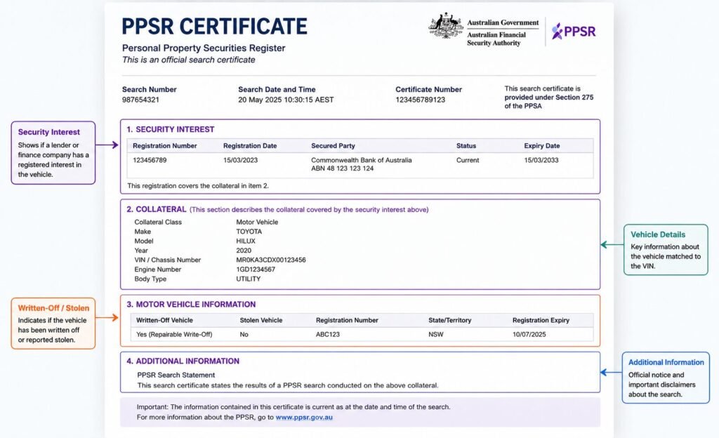 Sample PPSR certificate showing security interest, vehicle details, written-off status, and stolen vehicle information for an Australian PPSR check.