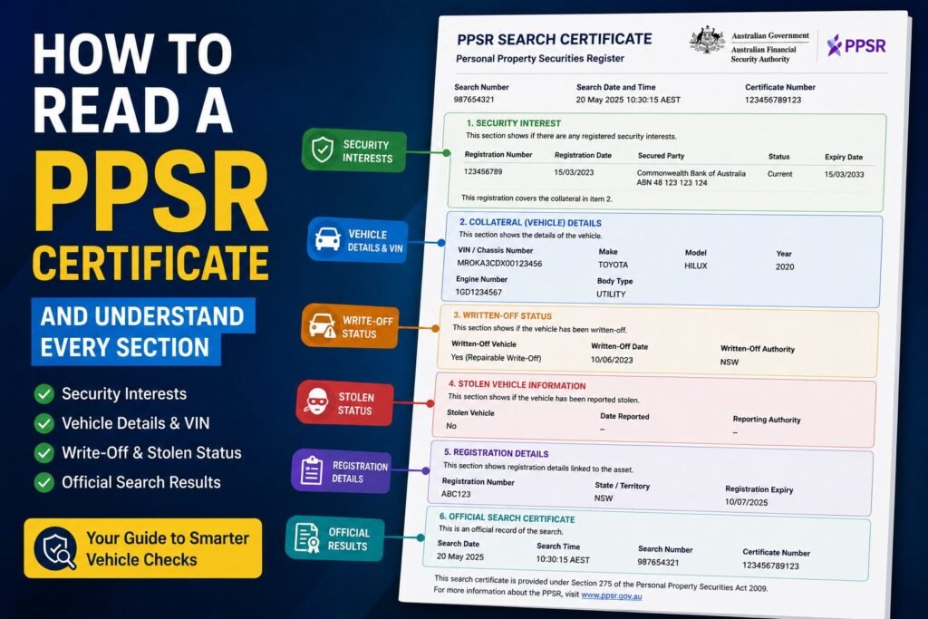 Feature image explaining how to read a PPSR certificate, including security interests, VIN details, finance owing, written-off status, stolen vehicle information, and official search results.