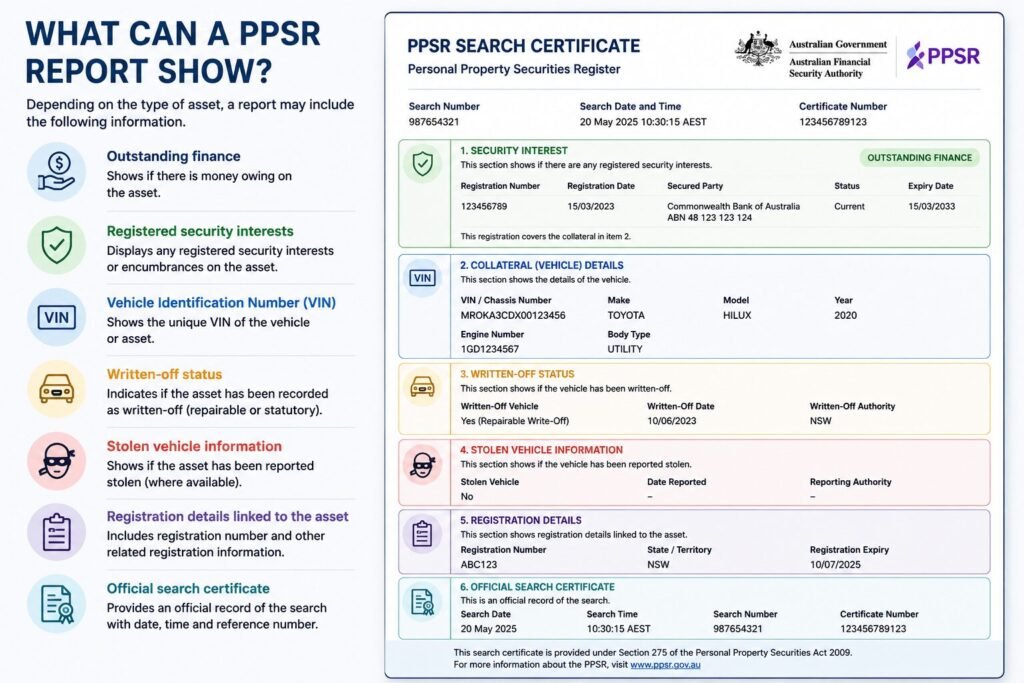 PPSR report infographic showing outstanding finance, security interests, VIN details, written-off status, stolen vehicle information, registration details, and official search certificate.